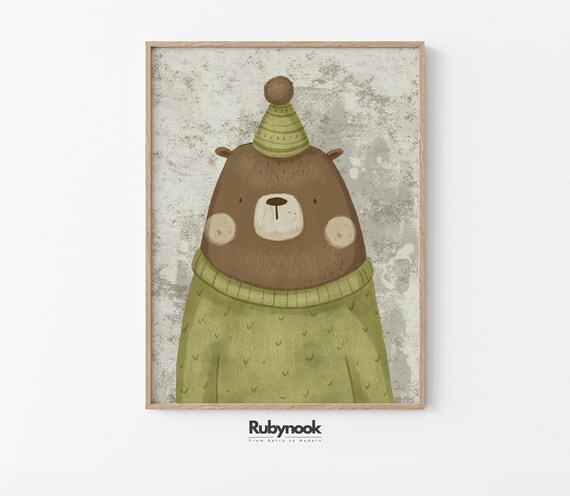 Bear Wall Art Kids Room Animal Poster Whimsical Nursery Decor Cute Bear Illustration For Baby Room Playroom Art Kwa3