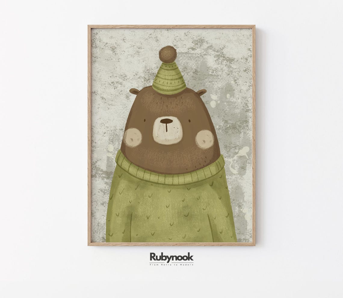 Cute Bear Nursery Wall Decor Whimsical Party Hat Bear Kids Room Poster