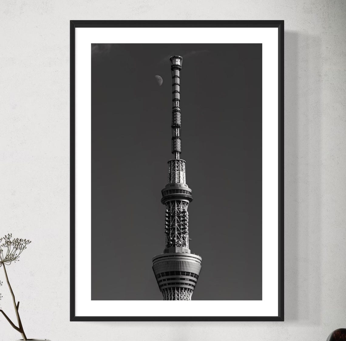 Tokyo Skytree Black And White Moon Night Photography Art Poster