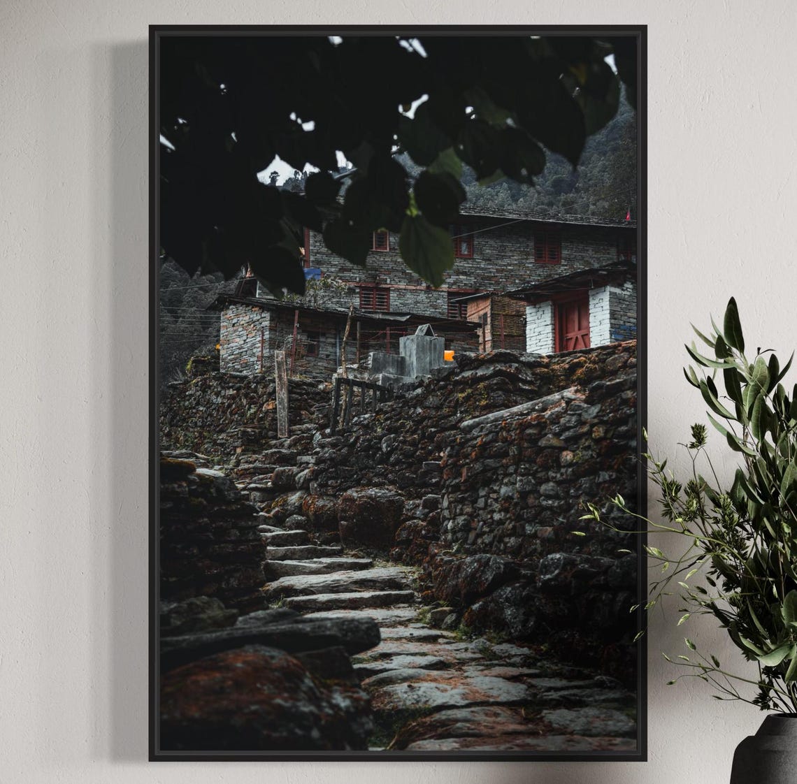 Old Stone Steps Winding Through an Ancient Village Night Poster