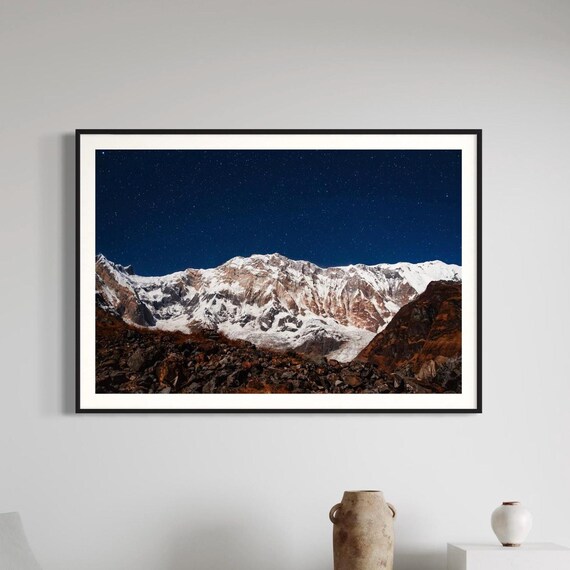Annapurna Snow Peaks Under Starry Night Sky Himalaya Photo Poster