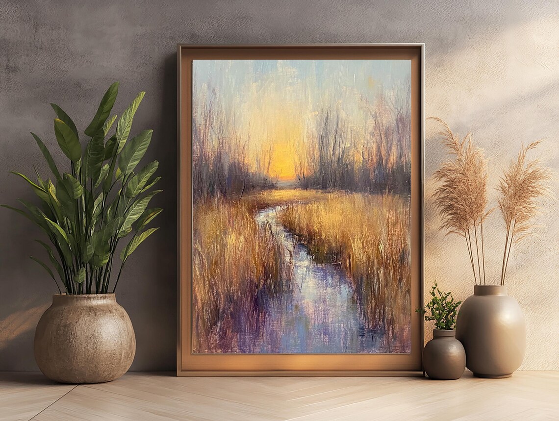 Golden Marsh at Sunset With a Winding Stream Oil Painting Poster - Image 3