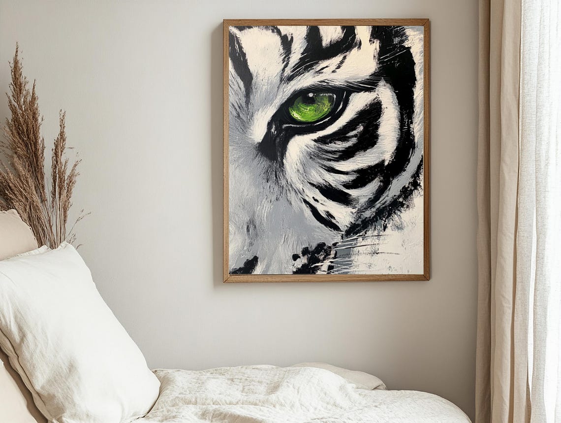 White Tiger Eye Close Up Green Eye Oil Painting Wildlife Poster - Image 2