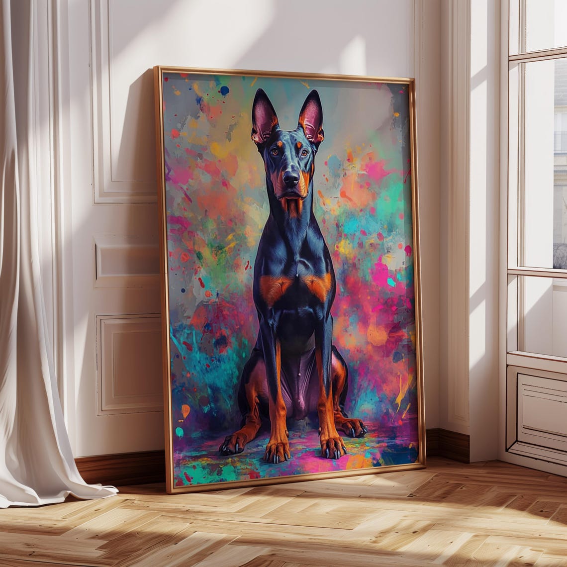 Doberman Standing Before Colorful Paint Splatter Modern Art Poster