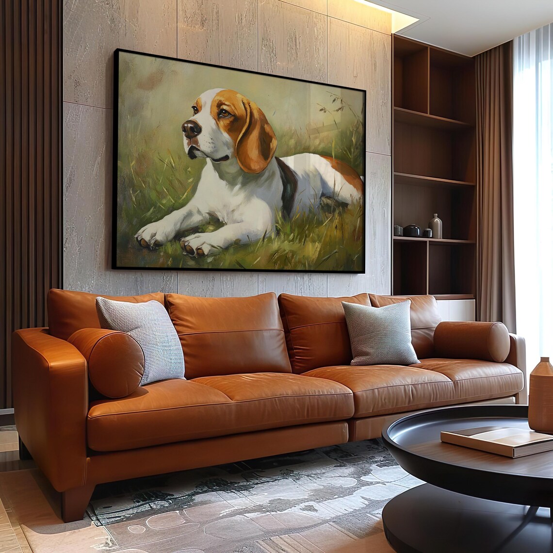 Beagle Lying In Green Grass Countryside Oil Painting Dog Poster