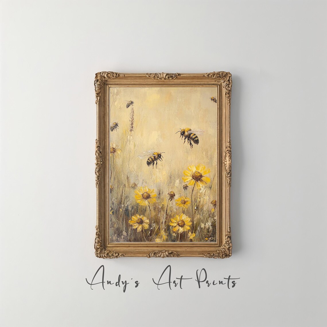 Honeybees Flying Over Yellow Wildflowers Golden Meadow Poster