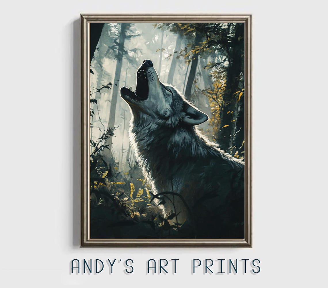 A Howling Wolf in a Misty Moonlit Forest Wildlife Art Poster - Image 3