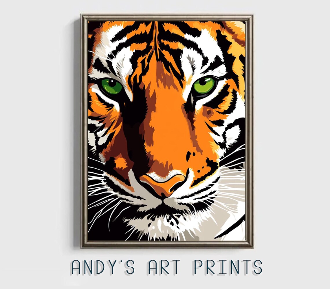 Tiger Face Close Up Bold Graphic Orange Green Eyes Art Poster