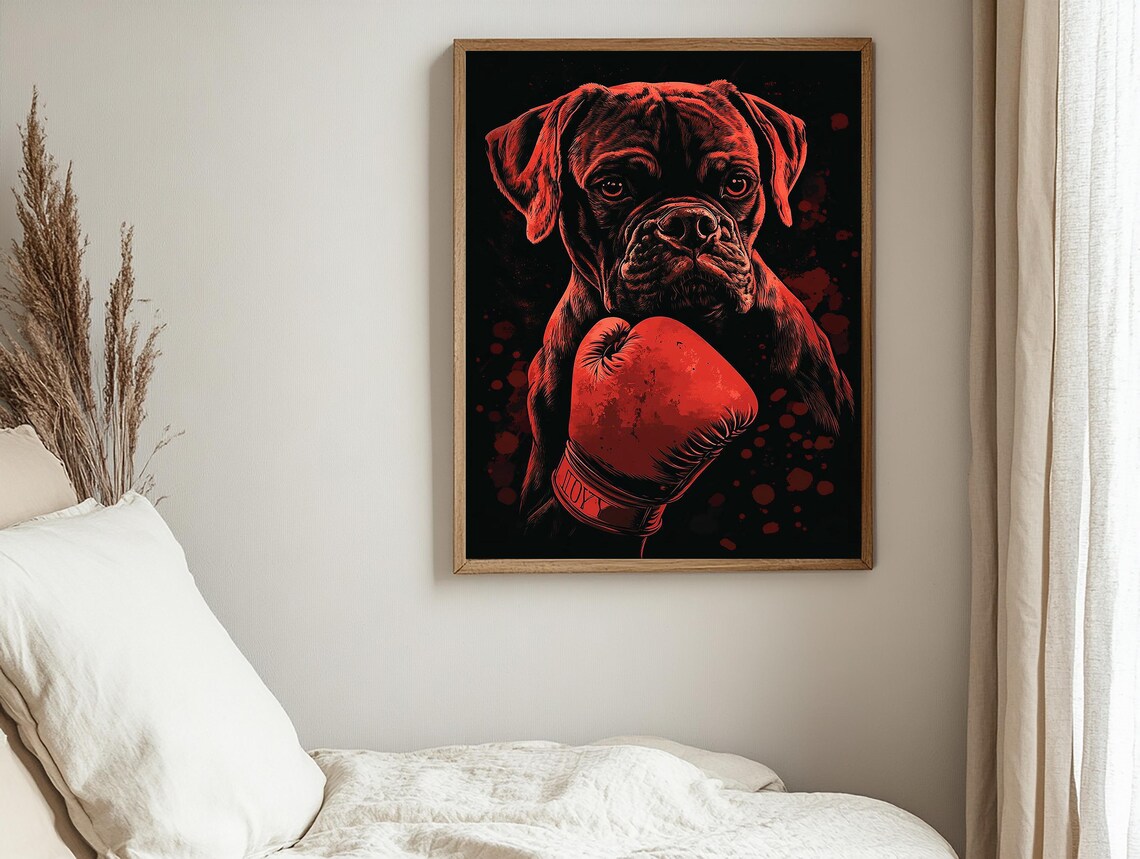 Boxer Dog Wearing a Red Boxing Glove Funny Pet Art Portrait Poster - Image 2