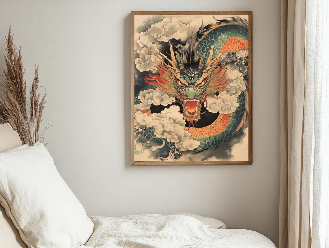 Green Japanese Dragon Roaring Out of Swirling Clouds Art Poster - Image 2