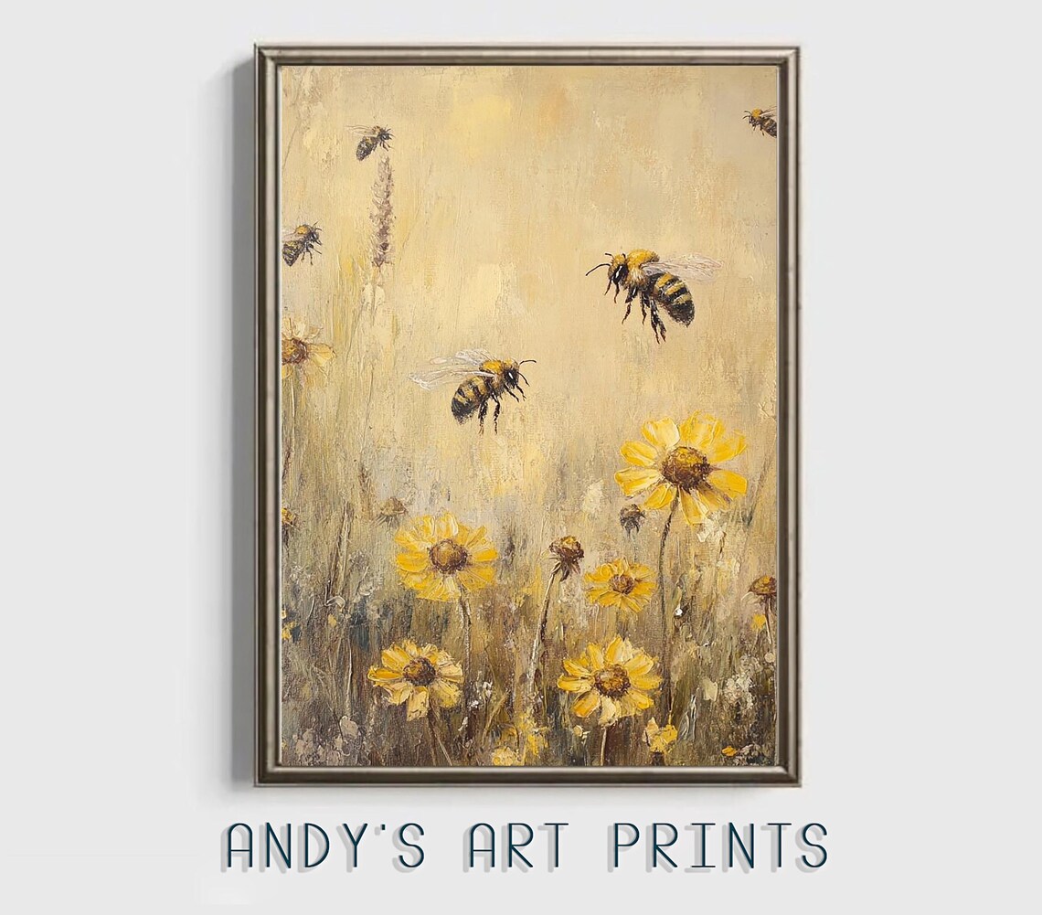 Honeybees Flying Over Yellow Wildflowers Golden Meadow Poster - Image 2