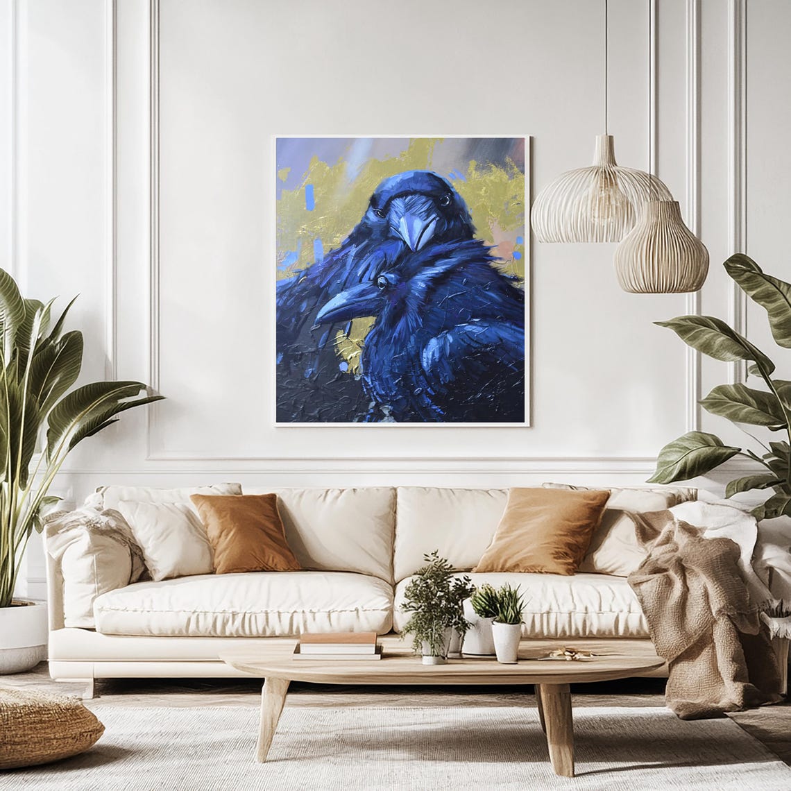 Two Black Crows Embracing in a Dark Blue Moody Oil Painting Poster - Image 2