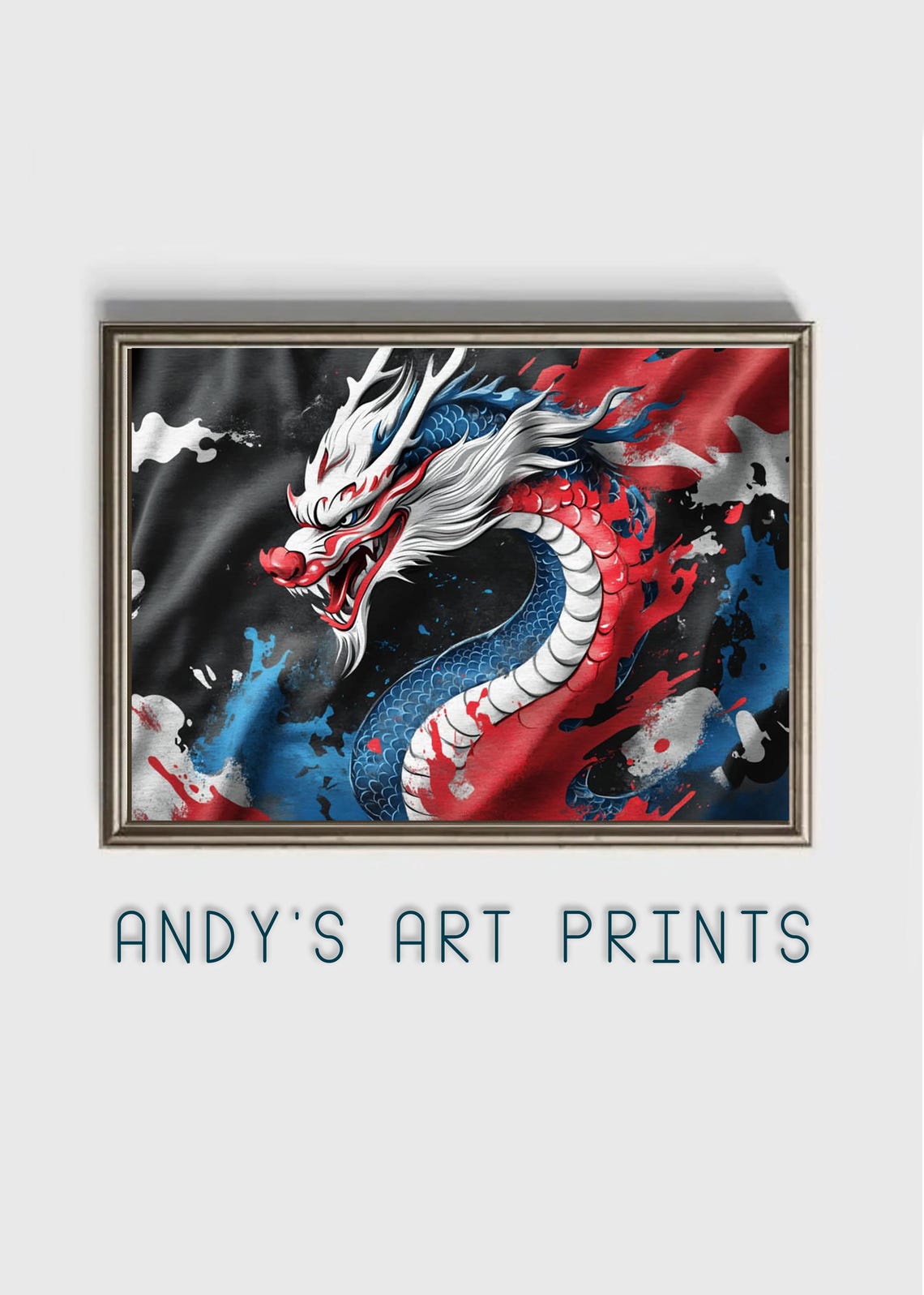 Japanese Dragon in Red White and Blue Graffiti Inspired Art Poster