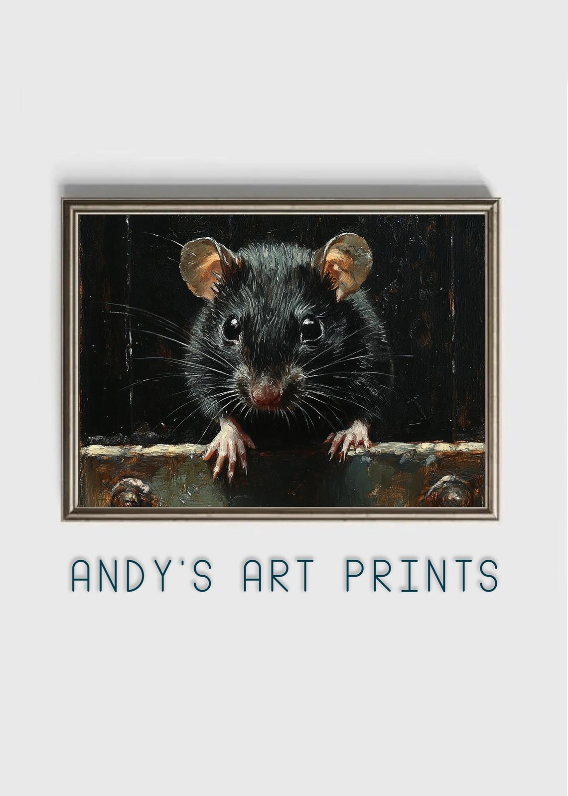 Curious Wide-Eyed Black Mouse Peeking Over A Wooden Ledge Poster
