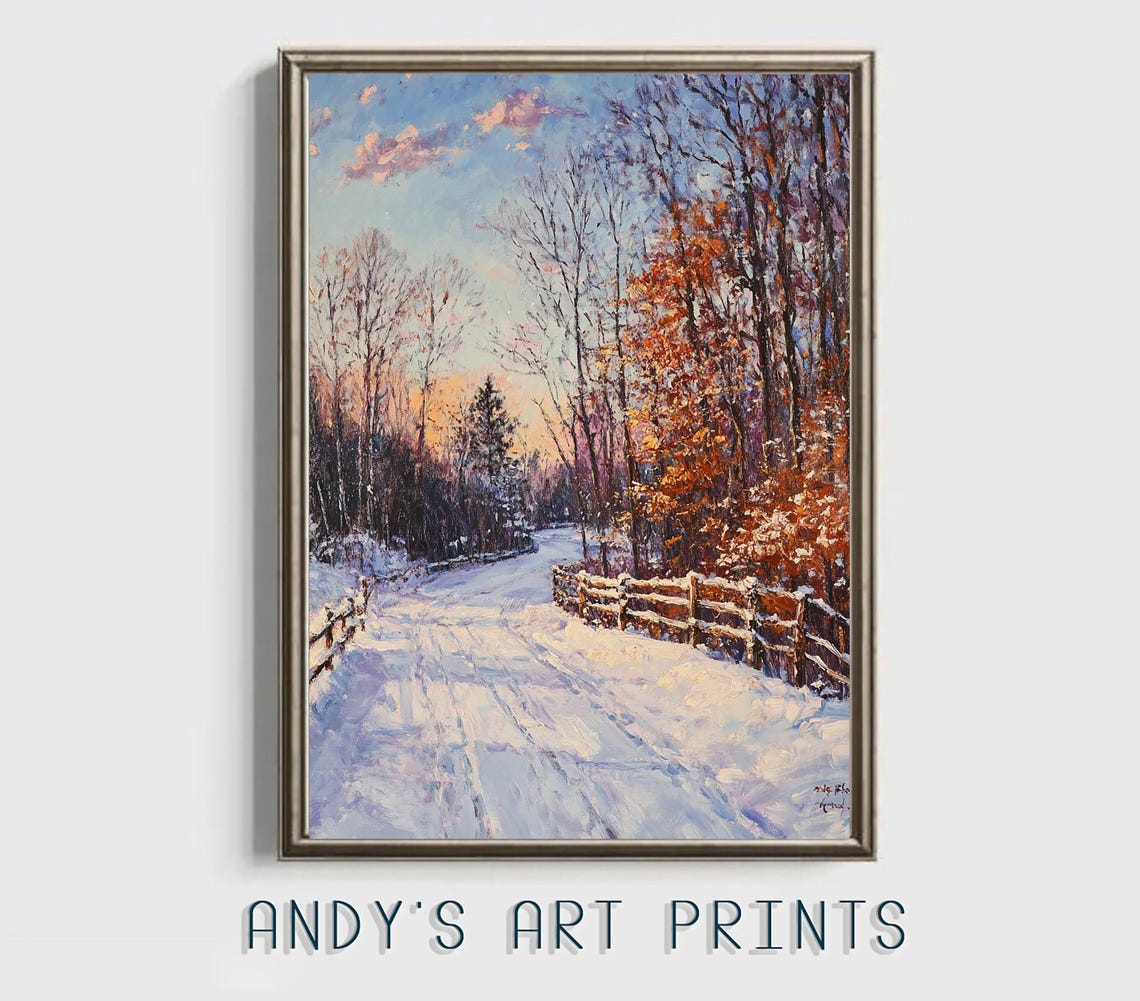 Snowy Winter Road at Sunset Winding Through Pine Forest Poster - Image 3
