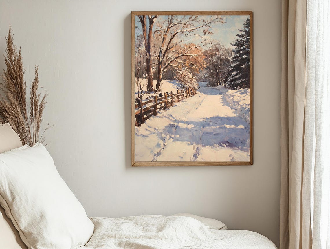 Winter Forest Path With a Wooden Fence in Fresh Snow Scene Poster - Image 2