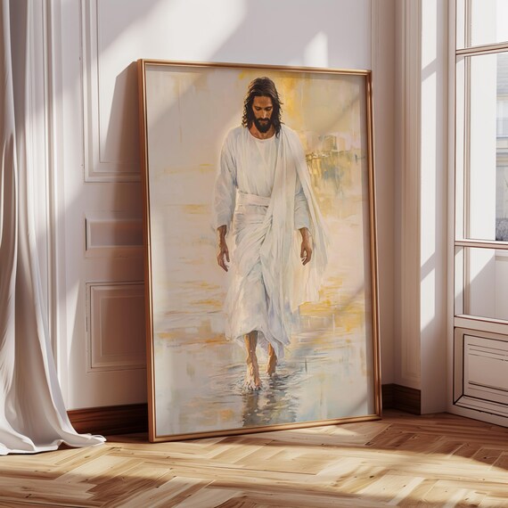 Jesus Walking Toward You On Water Gold Blue Christian Art Poster