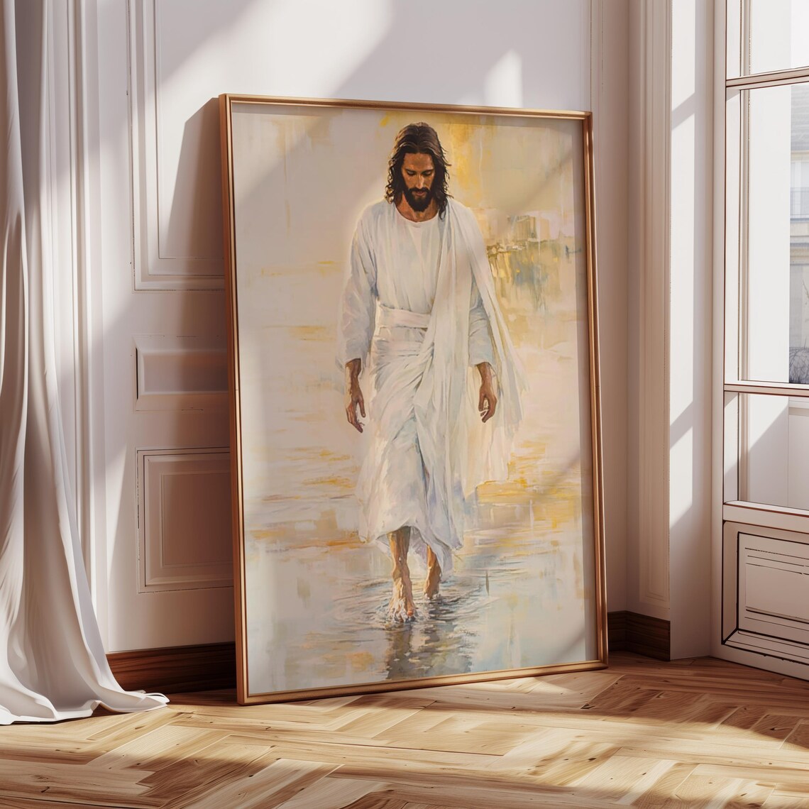 Jesus Walking Toward You On Water Gold Blue Christian Art Poster