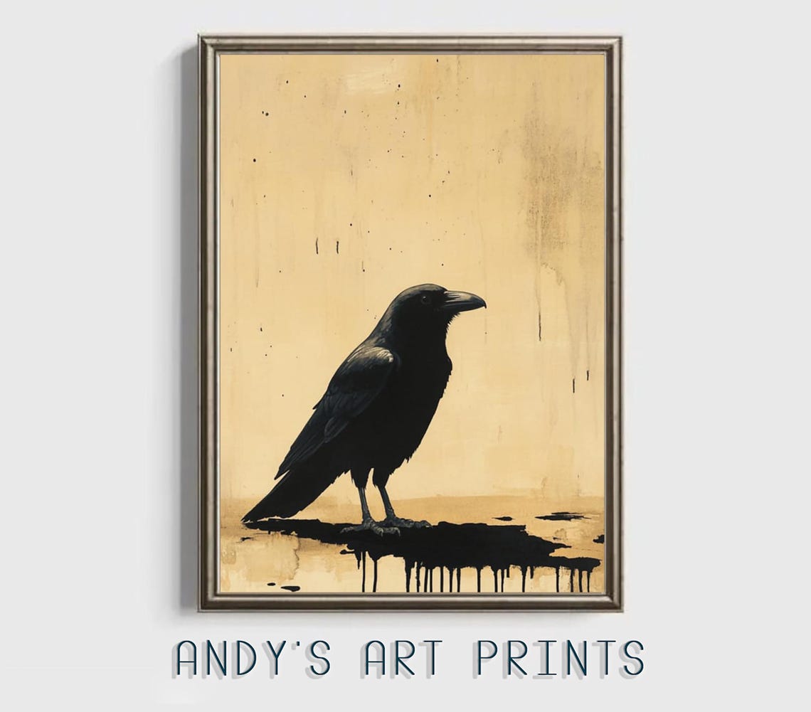 A Single Black Crow Standing on an Ink Splash Minimal Beige Poster - Image 3