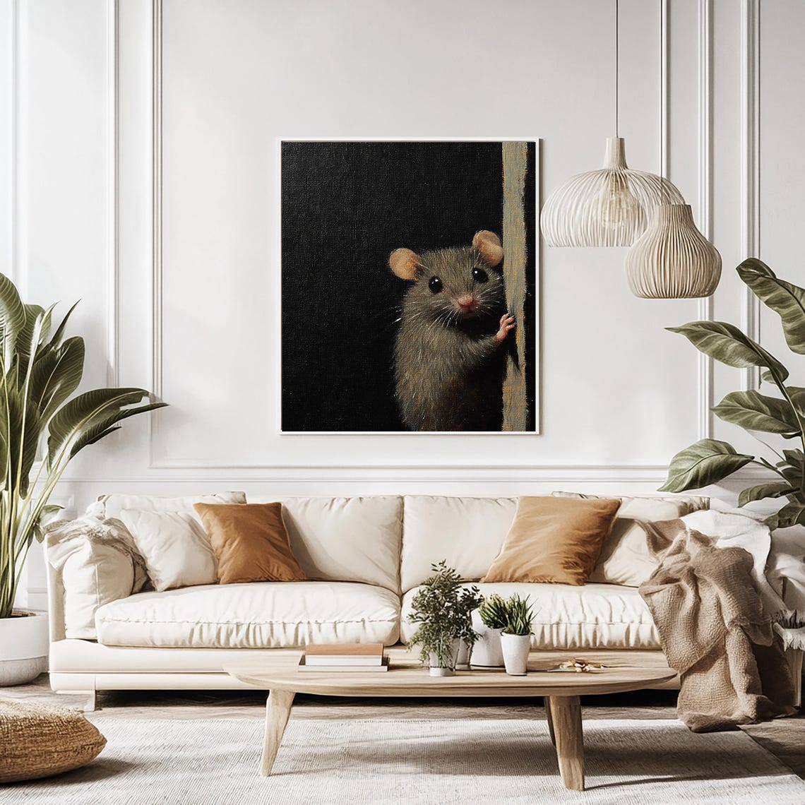 Tiny Grey Mouse Cautiously Peeking Around A Corner On Black Poster - Image 2