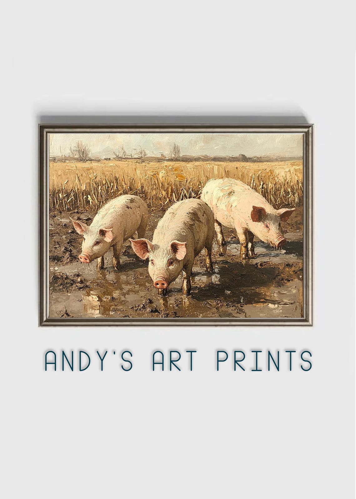 Rustic Scene Of Three White Pigs In A Muddy Golden Wheat Field Poster