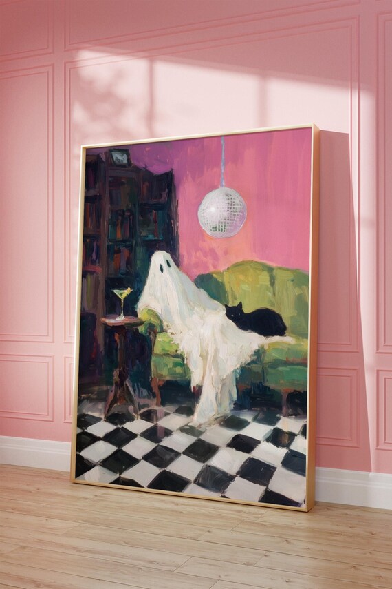 Preppy Pink Halloween Printable Disco Ghost Y2k Dopamine Decor Girly Martini Dorm Wall Art Retro Black Cat Aesthetic Digital Download