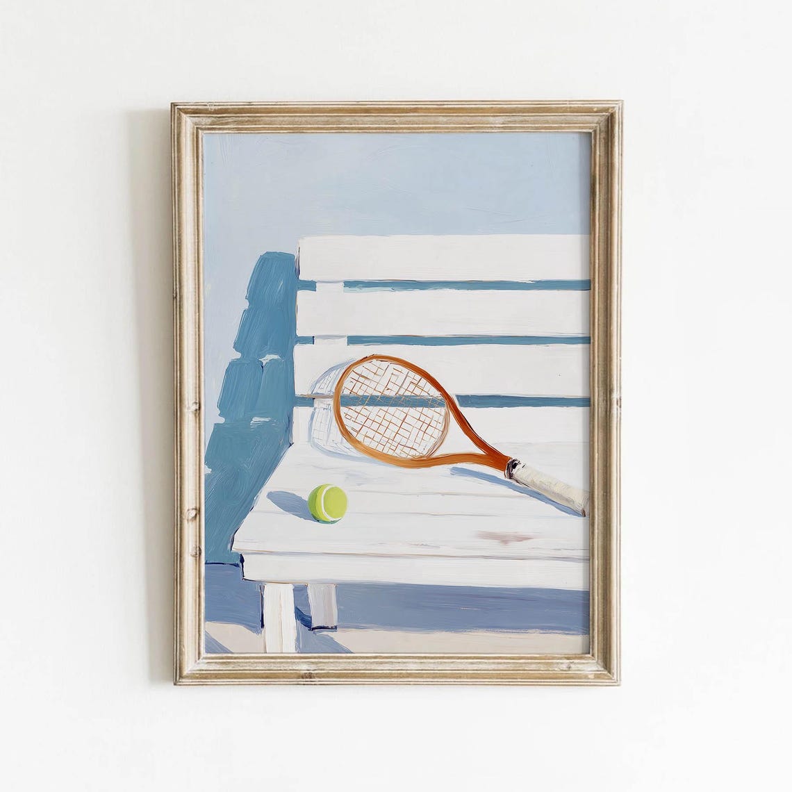 Wooden Tennis Racket And Ball On White Bench Pastel Sport Art Poster