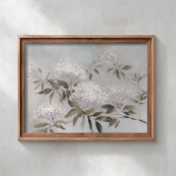 Printed White Hydrangea Blooms, Vintage Botanical Art Print