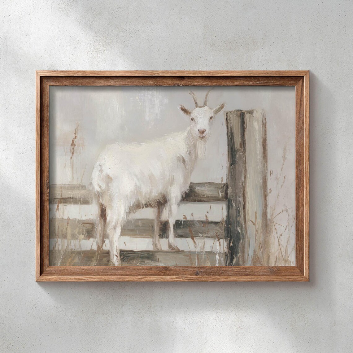 White Goat Standing By A Rustic Fence Muted Cottage Oil Painting Print