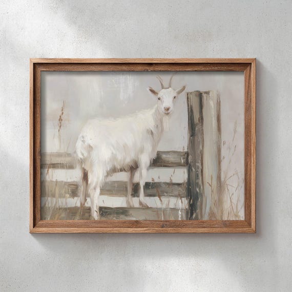 Printed White Goat By Rustic Fence Neutral Taupe Cream Gray Cottagecore Animal Portrait Oil Painting Farmstead Wall Art P0524 0523