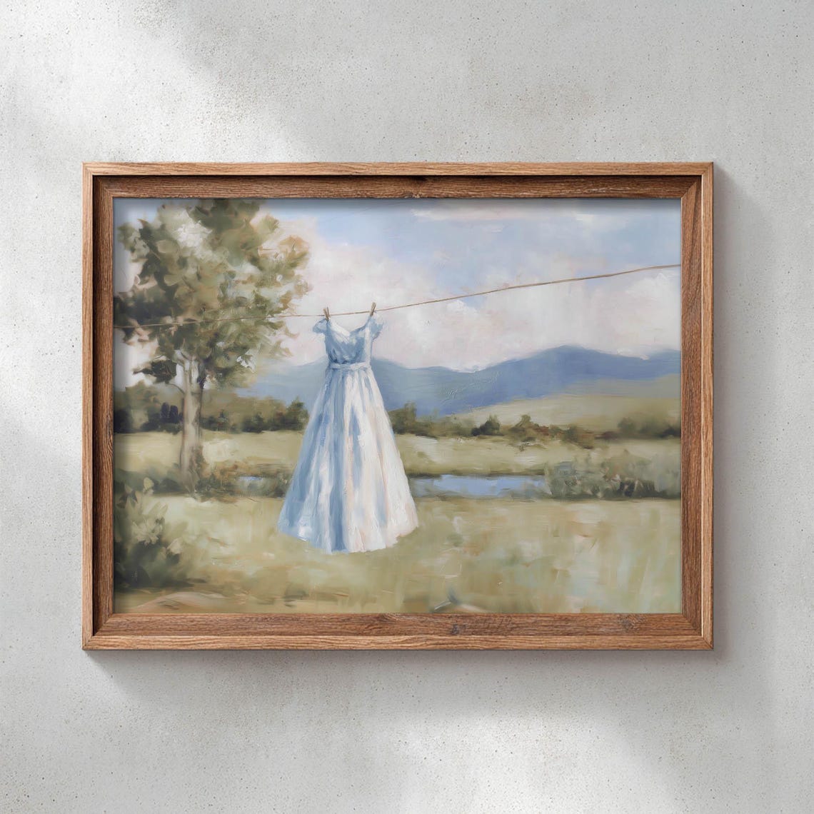 White Dress on Clothesline Countryside Landscape Nostalgic Wall Art