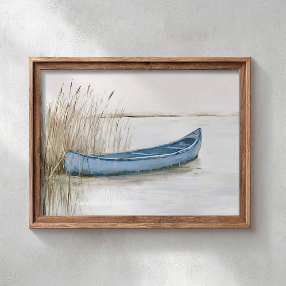 Blue Canoe Floating on Calm Lake Reeds Rustic Lakeside Painting Poster