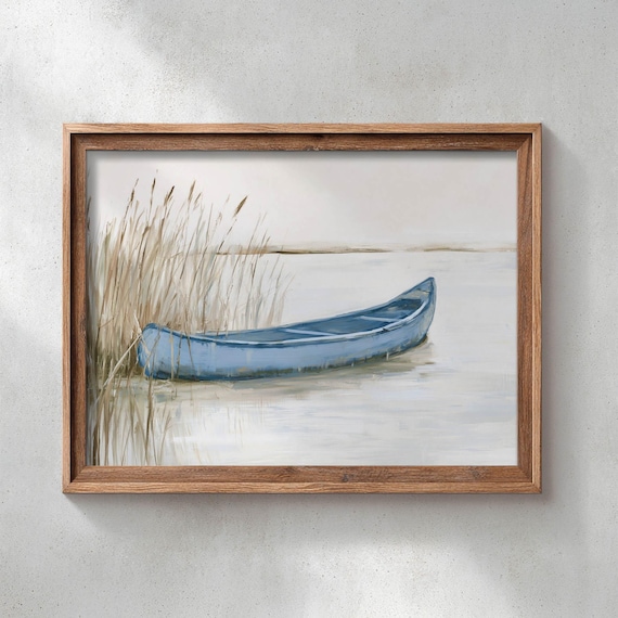 Printed Blue Canoe On Calm Lake Rustic Lakeside Landscape Wall Art Muted Coastal Decor Farmhouse Painting Print 0712