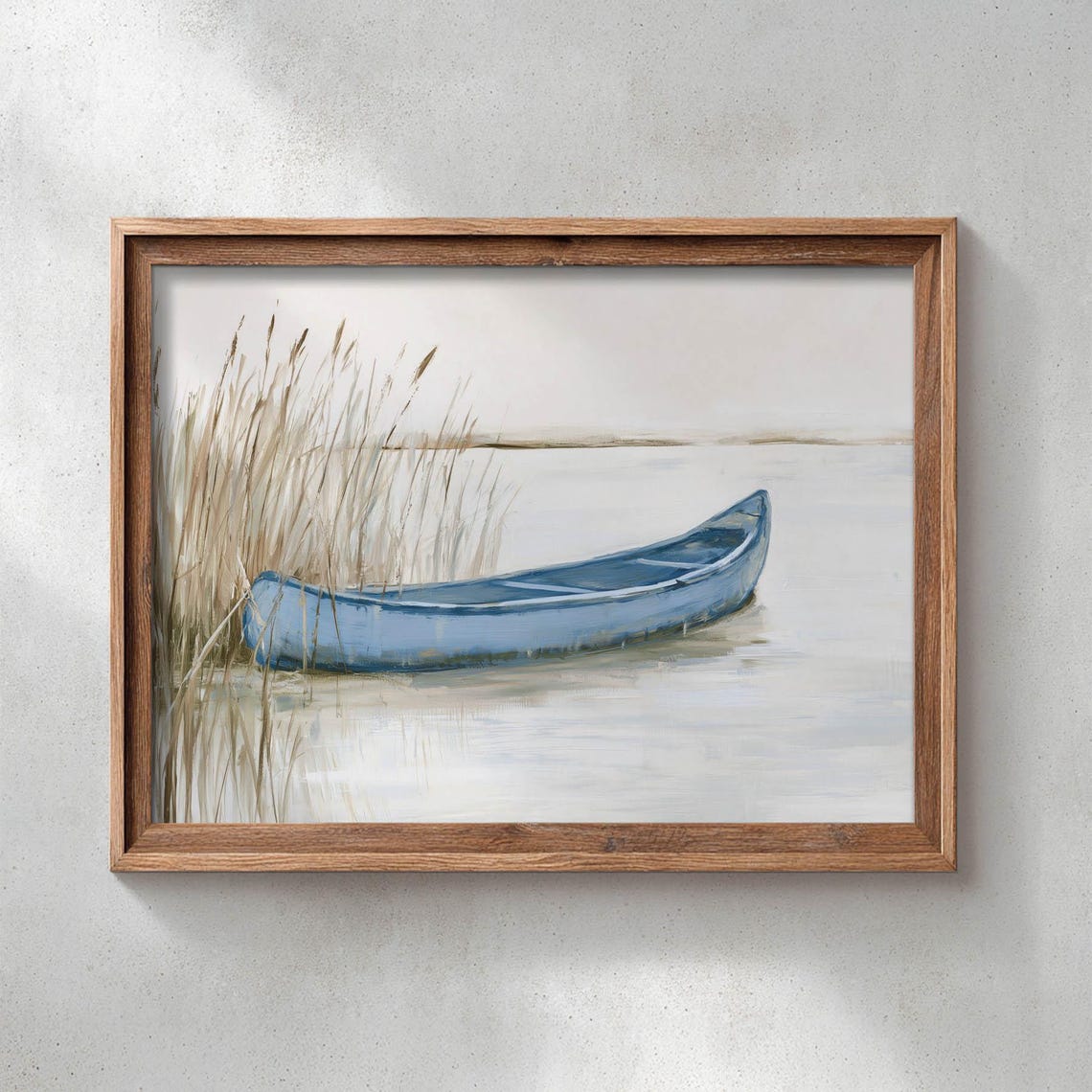 Blue Canoe Floating on Calm Lake Reeds Rustic Lakeside Painting Poster