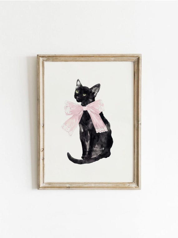 Coquette Black Cat Bow Wall Art Vintage Feminine Decor Preppy Girl Cute Dorm Spring Nursery 0024av