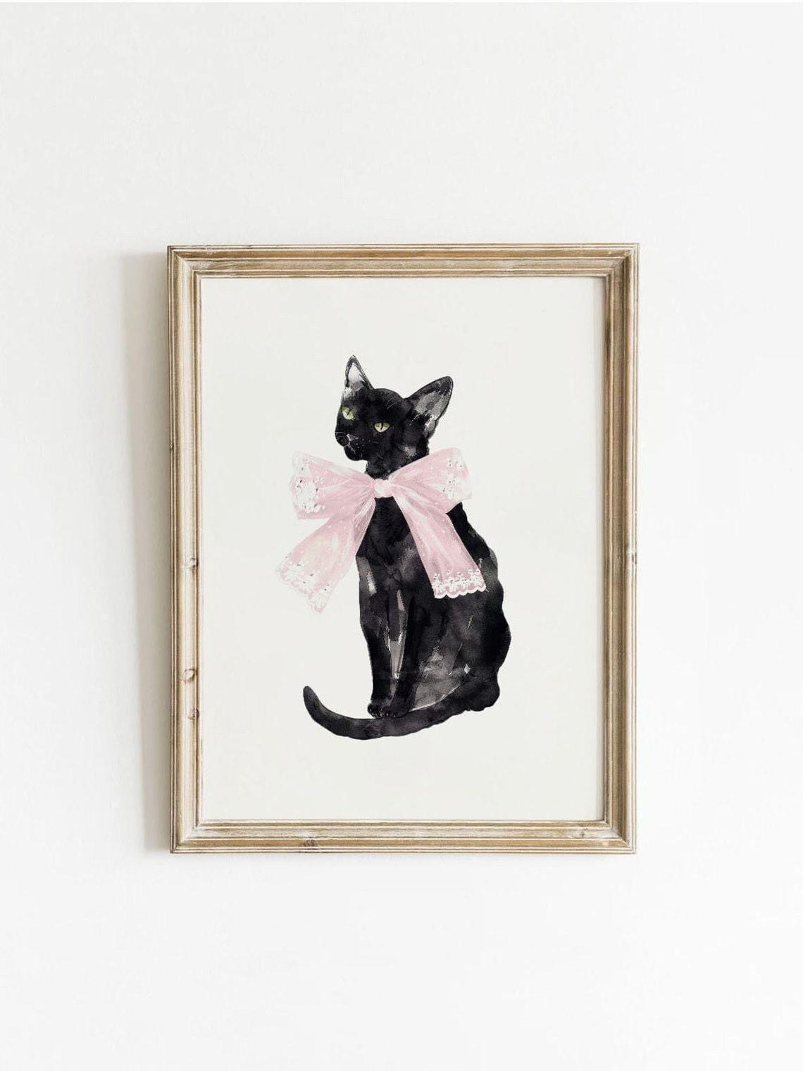 Cute Black Cat Watercolor With Pink Lace Bow Wall Art For Cat Lovers