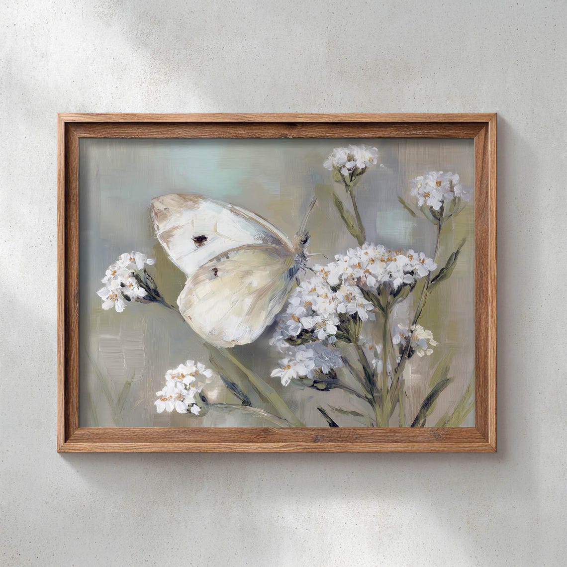 White Butterfly Resting On Wildflowers Sage Gray Botanical Poster