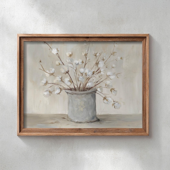 Printed Cotton Stems In Gray Crock Rustic Still Life Poster Neutral Beige Cottage Decor Oil Paint Style Farmhouse Wall Art 0509