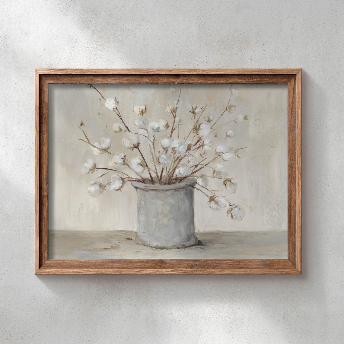 Cotton Stems In Gray Crock Neutral Rustic Still Life Painting Poster