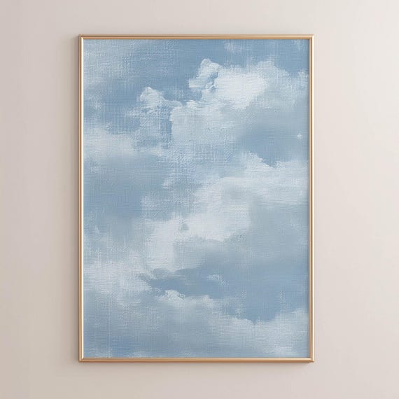 Printed Soft Cloudscape Art Poster Blue White Minimalist Decor Modern Coastal Vibe Neutral Tones Textured Home Print P392