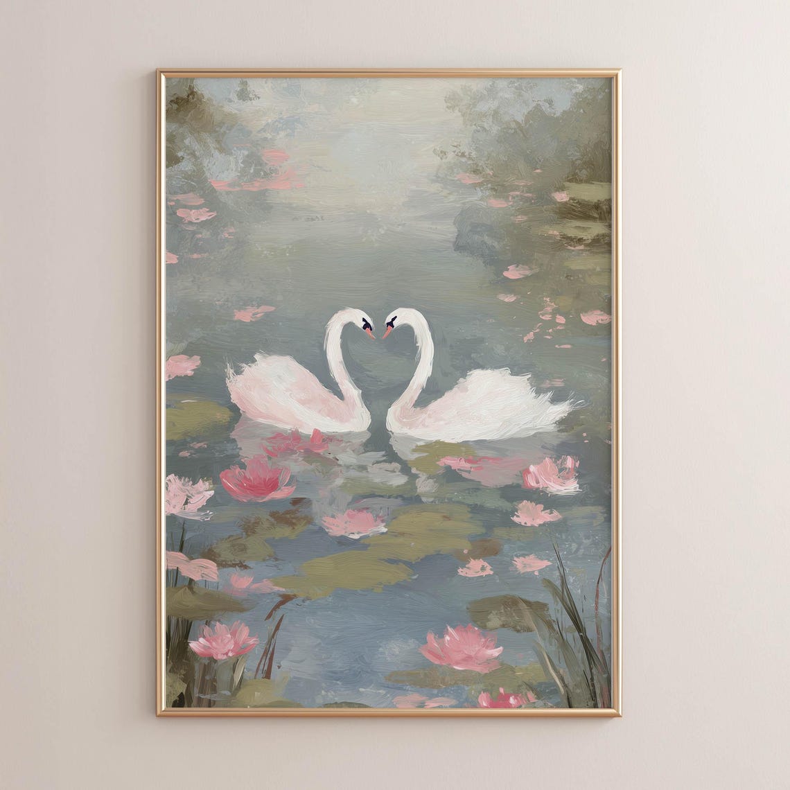Swan Pair Heart Shape Pastel Pond With Pink Water Lilies Poster