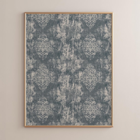 Vintage Damask Ornate Medallion Pattern Print Bluegray And Cream Textured Poster Rustic Farmhouse Wall Art Moody Shabby Chic P190