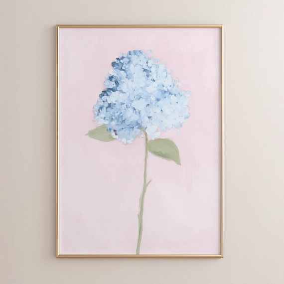 Printed Blue Hydrangea Bloom Sage Green Stem Blush Pink Background Soft Botanical Flower Oil Painting Style Bedroom Wall Art P635