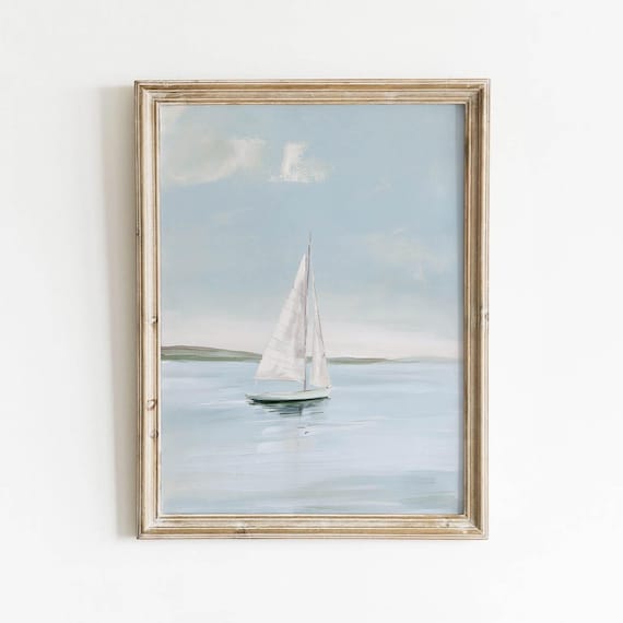 Solitary Sailboat On Pale Blue Water Minimalist Seascape Print