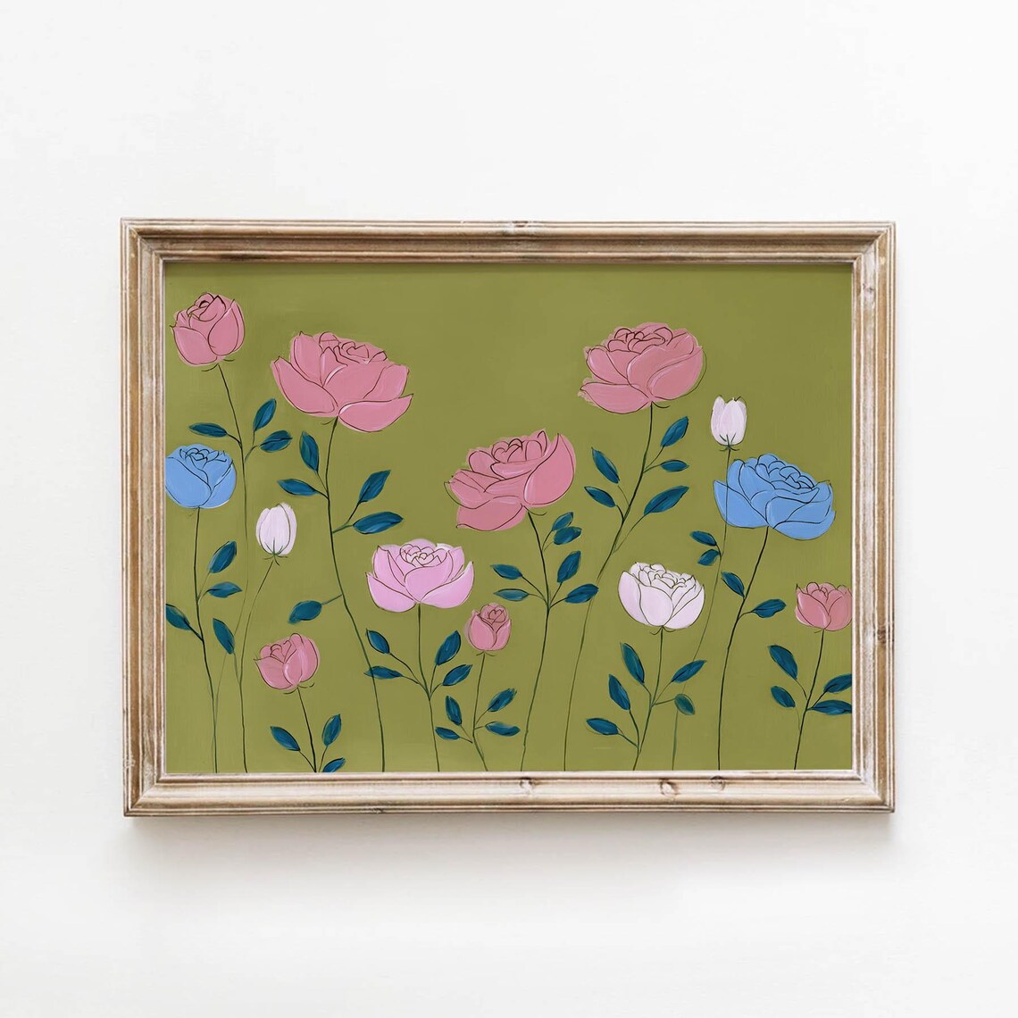 Folk Flower Art Print, Retro Boho Botanical