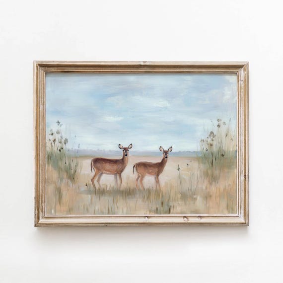 Vintage Deer Meadow Sage Green Farmhouse Printable Wall Art Neutral Country Decor Digital Download 522