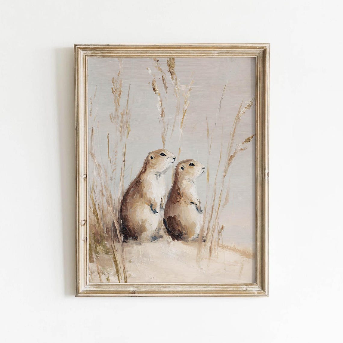 Two Standing Prairie Dogs Muted Beige Rustic Wildlife Art Poster