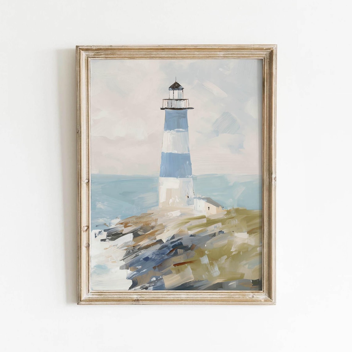 Blue and White Striped Lighthouse Rocky Shore Nautical Painting Poster