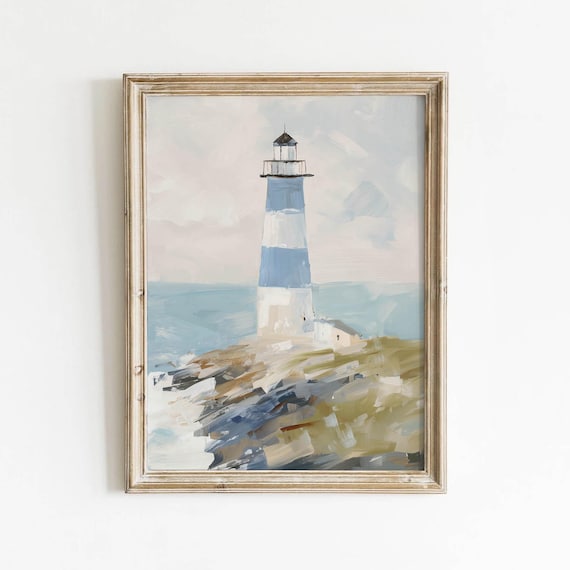 Lighthouse On Rocky Shore Print Nautical Coastal Wall Art Soft Blues And Muted Greens Cottagecore Decor Impressionistic Download 0309