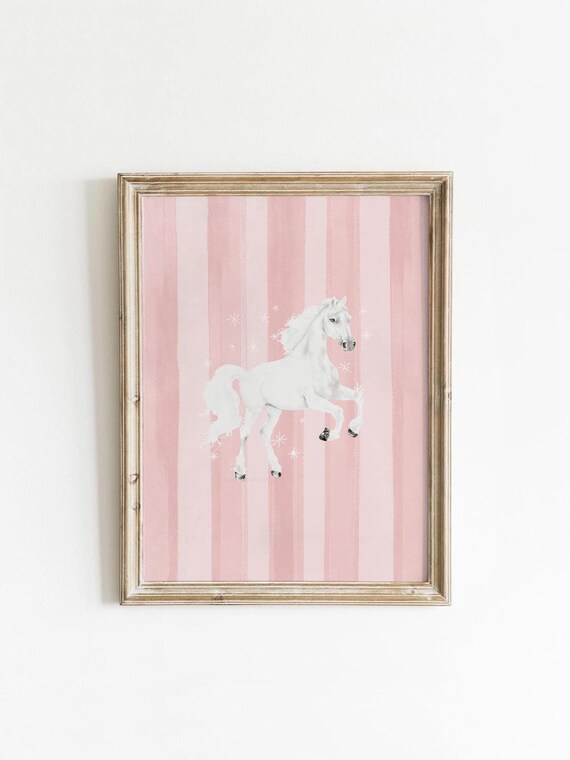 White Horse Prancing Pink Striped Background Girls Nursery Art Poster